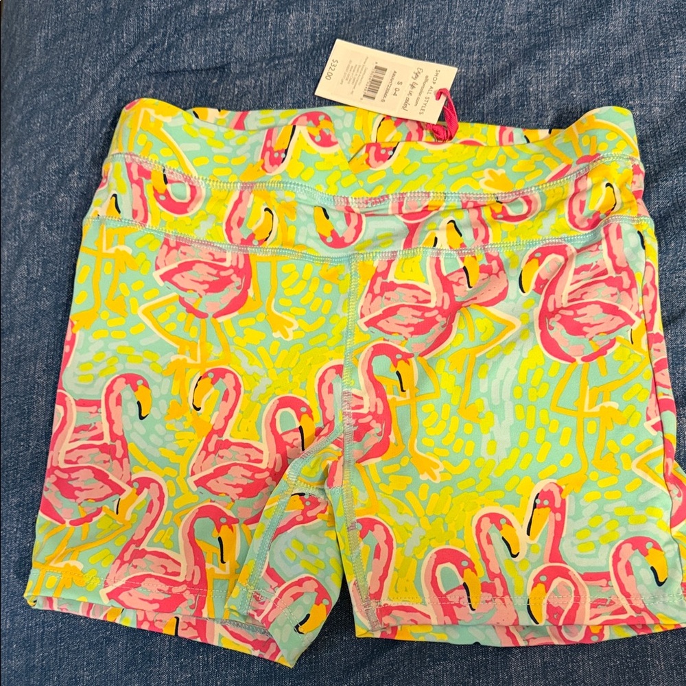All For Color Flamingo Print Athletic Shorts - Pink and Yellow size s 0-4
